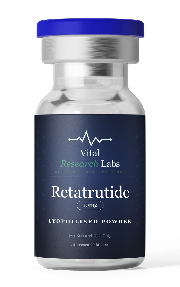 Retatrutide 10mg research peptide vial, lyophilised powder, research-grade, Vital Research Labs Australia